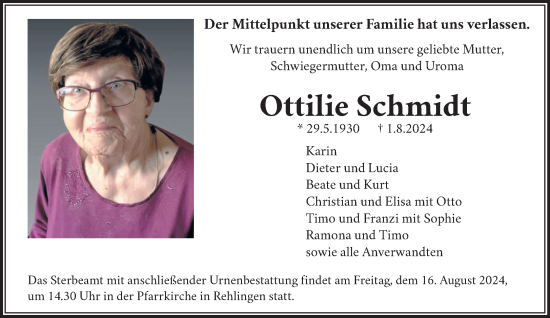 Todesanzeige von Ottilie Schmidt von saarbruecker_zeitung