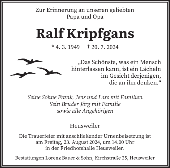 Todesanzeige von Ralf Kripfgans von saarbruecker_zeitung
