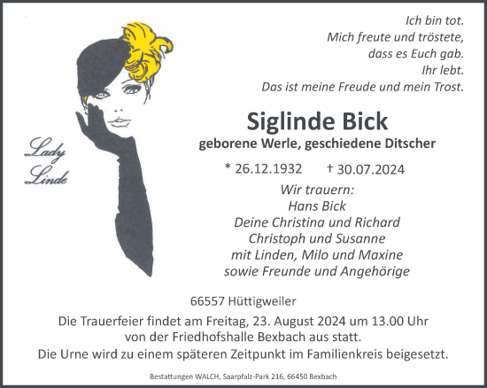 Todesanzeige von Siglinde Bick von saarbruecker_zeitung