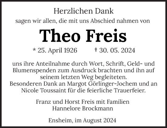 Todesanzeige von Theo Freis von saarbruecker_zeitung