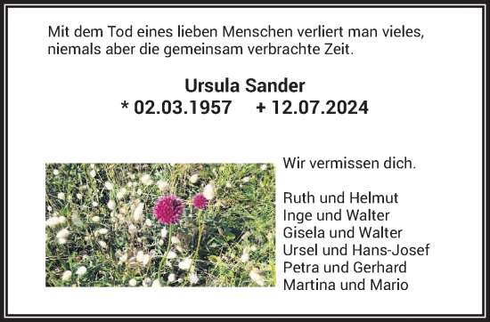 Todesanzeige von Ursula Sander von saarbruecker_zeitung