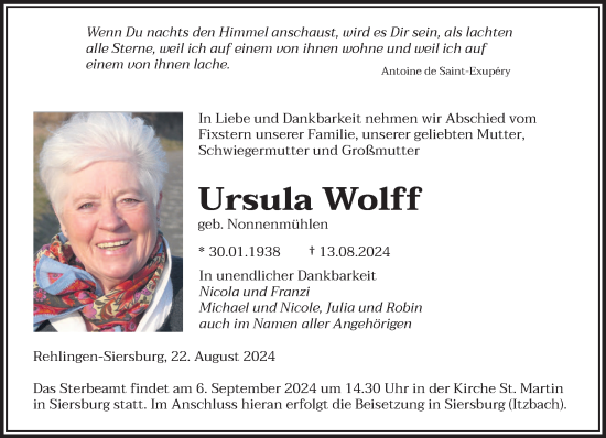Todesanzeige von Ursula Wolff von saarbruecker_zeitung