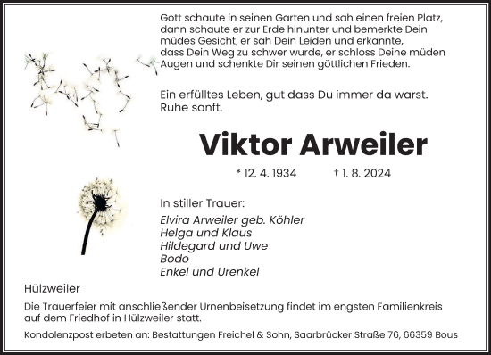 Todesanzeige von Viktor Arweiler von saarbruecker_zeitung