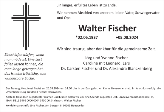 Todesanzeige von Walter Fischer von saarbruecker_zeitung