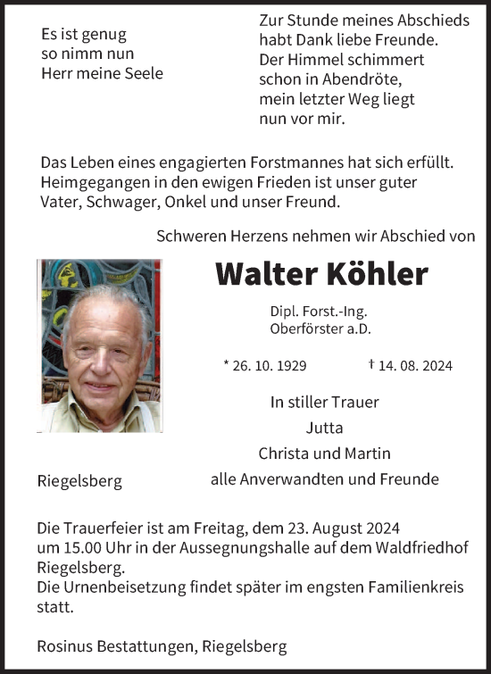 Todesanzeige von Walter Köhler von saarbruecker_zeitung