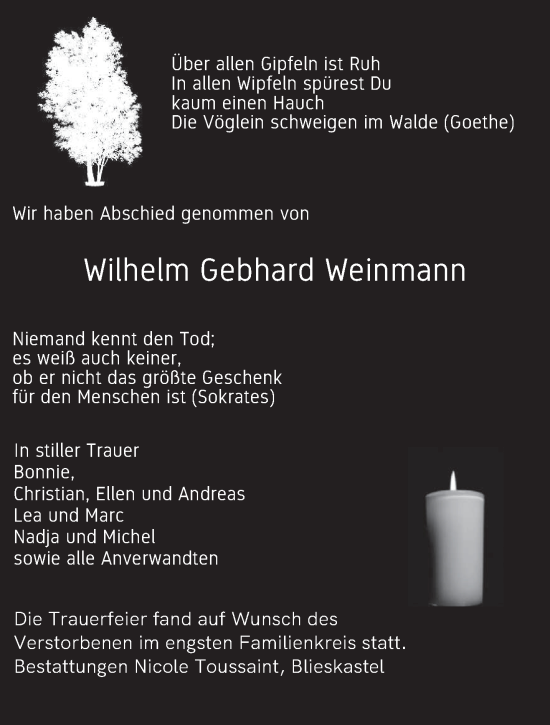 Todesanzeige von Wilhelm Gebhard Weinmann von saarbruecker_zeitung