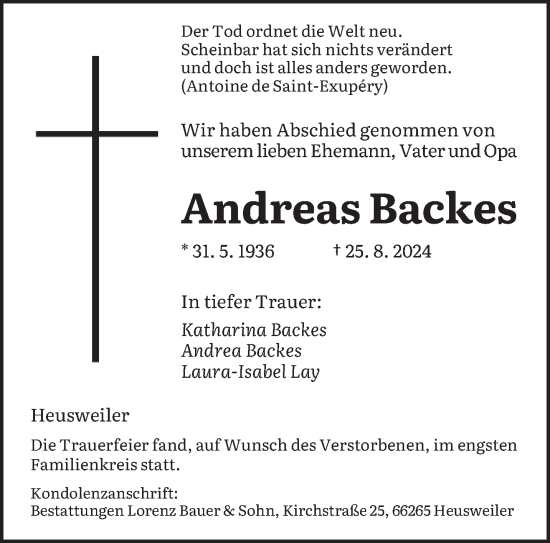 Todesanzeige von Andreas Backes von saarbruecker_zeitung
