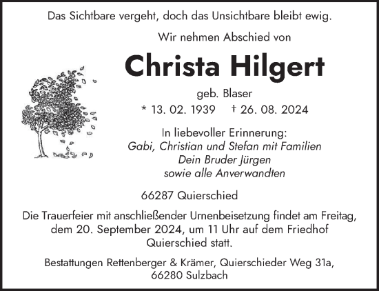 Todesanzeige von Christa Hilgert von saarbruecker_zeitung