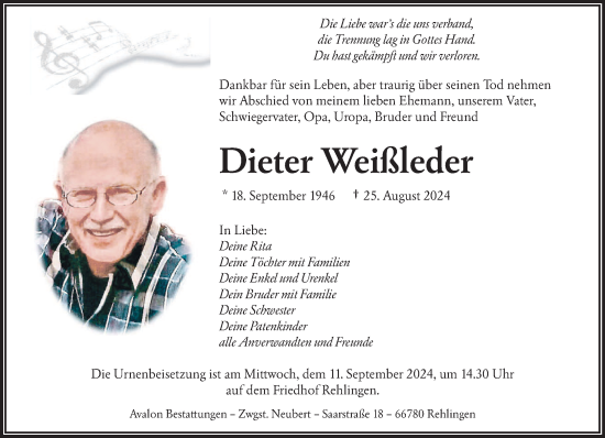 Todesanzeige von Dieter Weißleder von saarbruecker_zeitung