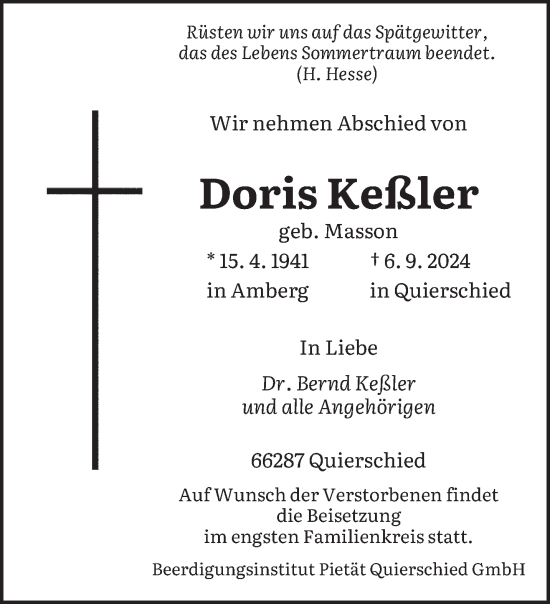 Todesanzeige von Doris Keßler von saarbruecker_zeitung