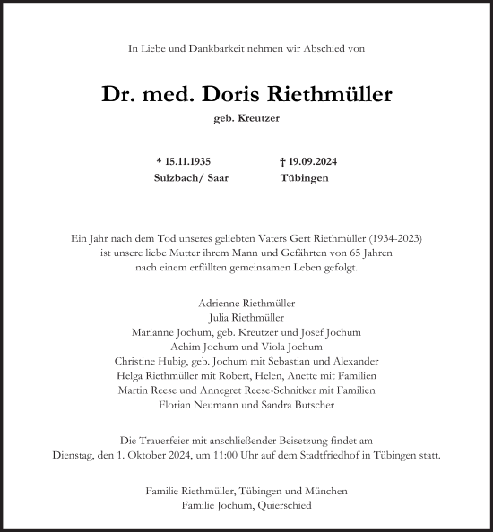 Todesanzeige von Doris Riethmüller von saarbruecker_zeitung
