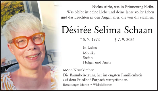 Todesanzeige von Désirée Selima Schaan von saarbruecker_zeitung