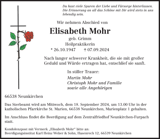 Todesanzeige von Elisabeth Mohr von saarbruecker_zeitung