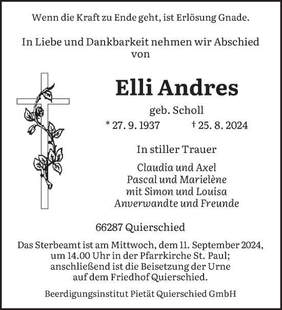 Todesanzeige von Elli Andres von saarbruecker_zeitung