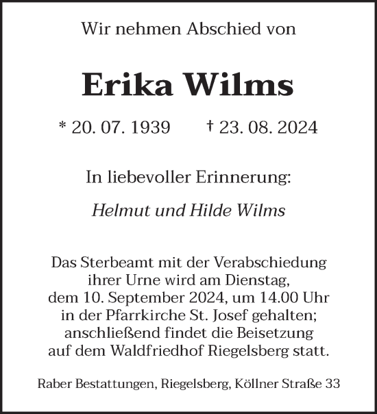 Todesanzeige von Erika Wilms von saarbruecker_zeitung