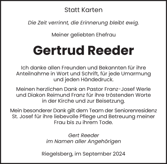 Todesanzeige von Gertrud Reeder von saarbruecker_zeitung