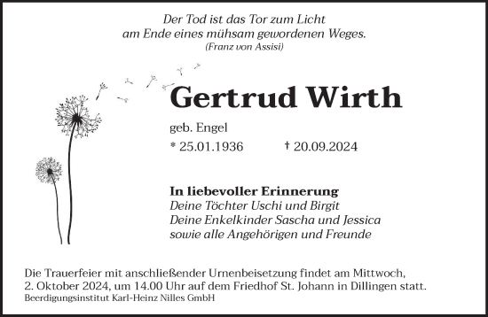 Todesanzeige von Gertrud Wirth von saarbruecker_zeitung