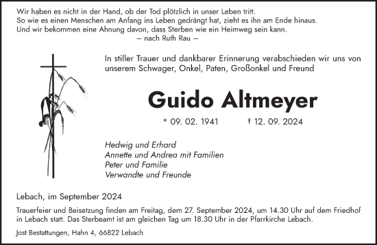 Todesanzeige von Guido Altmeyer von saarbruecker_zeitung