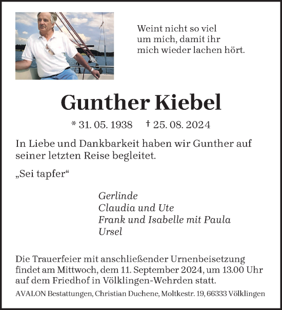Todesanzeige von Gunther Kiebel von saarbruecker_zeitung