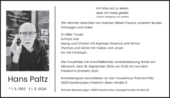 Todesanzeige von Hans Paltz von saarbruecker_zeitung