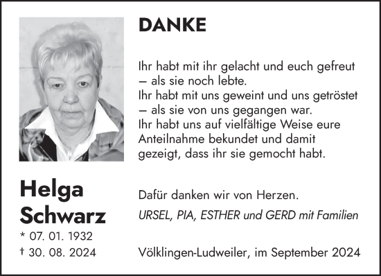 Todesanzeige von Helga Schwarz von saarbruecker_zeitung