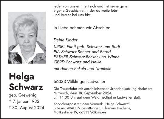 Todesanzeige von Helga Schwarz von saarbruecker_zeitung