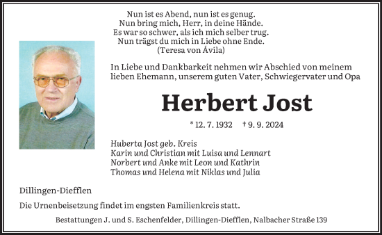 Todesanzeige von Herbert Jost von saarbruecker_zeitung