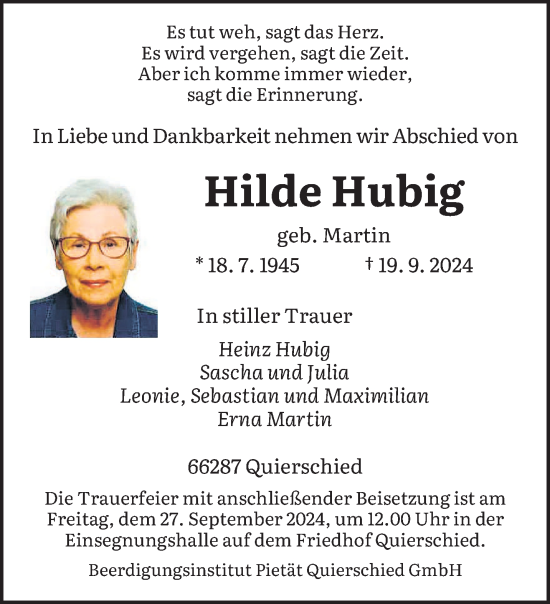 Todesanzeige von Hilde Hubig von saarbruecker_zeitung