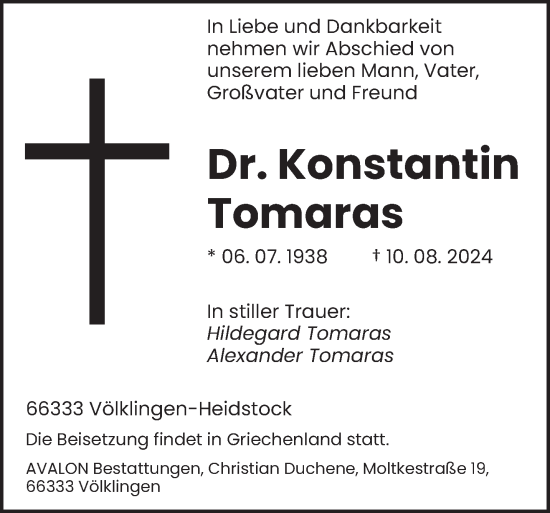 Todesanzeige von Konstantin Tomaras von saarbruecker_zeitung