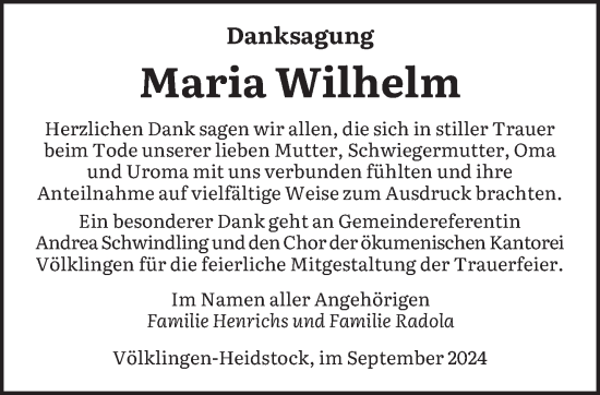 Todesanzeige von Maria Wilhelm von saarbruecker_zeitung