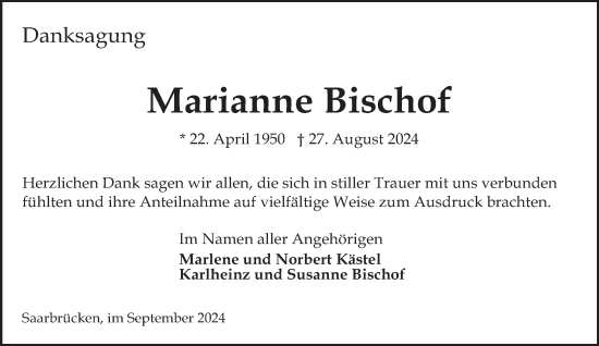 Todesanzeige von Marianne Bischof von saarbruecker_zeitung