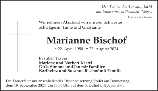 Todesanzeige von Marianne Bischof von saarbruecker_zeitung