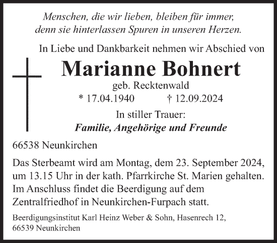 Todesanzeige von Marianne Bohnert von saarbruecker_zeitung