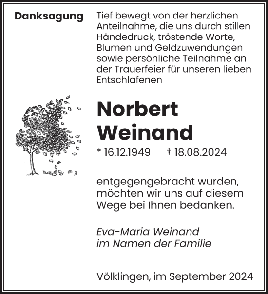Todesanzeige von Norbert Weinand von saarbruecker_zeitung