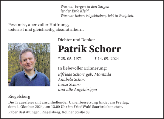 Todesanzeige von Patrik Schorr von saarbruecker_zeitung