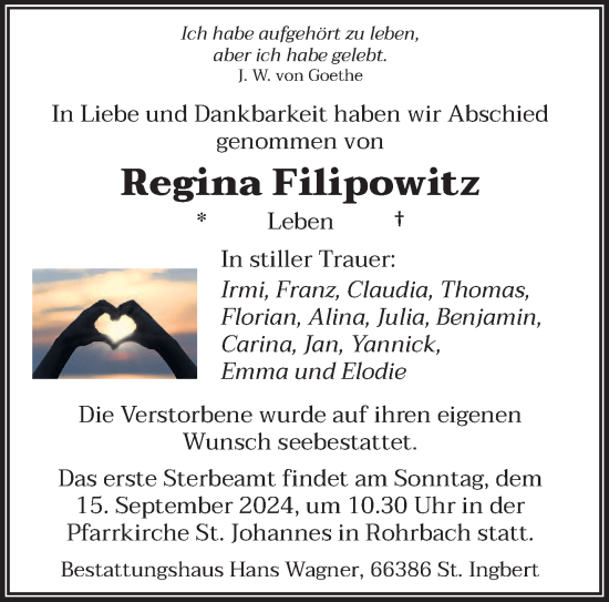 Todesanzeige von Regina Filipowitz von saarbruecker_zeitung