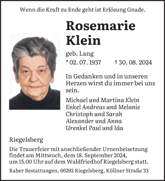 Todesanzeige von Rosemarie Klein von saarbruecker_zeitung