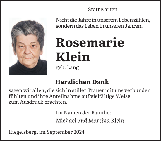Todesanzeige von Rosemarie Klein von saarbruecker_zeitung