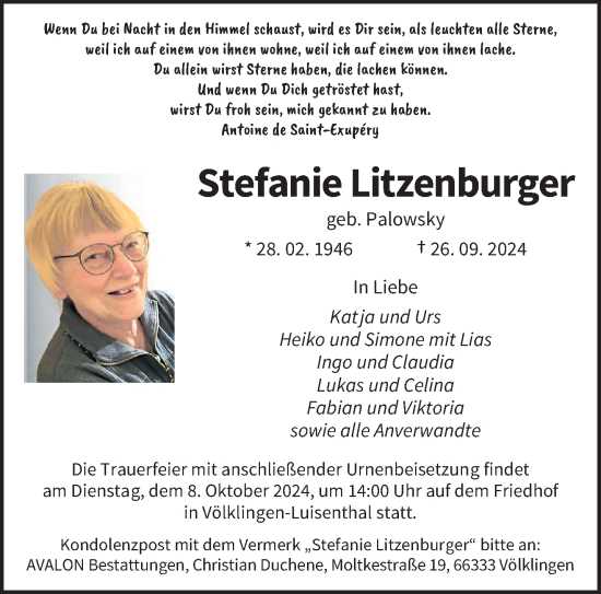 Todesanzeige von Stefanie Litzenburger von saarbruecker_zeitung