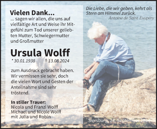 Todesanzeige von Ursula Wolff von saarbruecker_zeitung