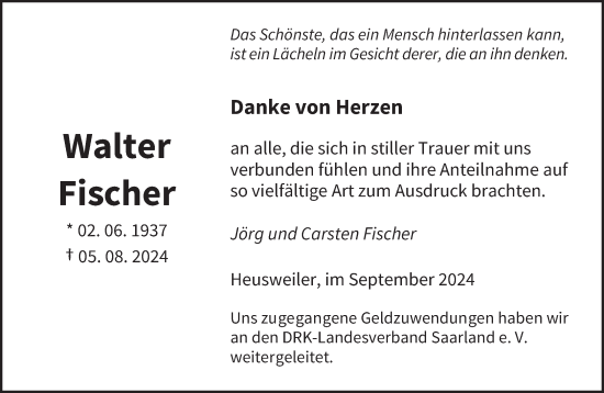 Todesanzeige von Walter Fischer von saarbruecker_zeitung