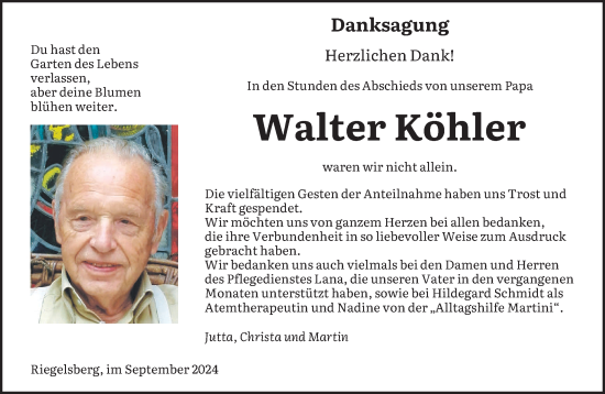 Todesanzeige von Walter Köhler von saarbruecker_zeitung