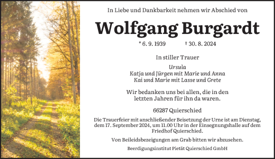 Todesanzeige von Wolfgang Burgardt von saarbruecker_zeitung