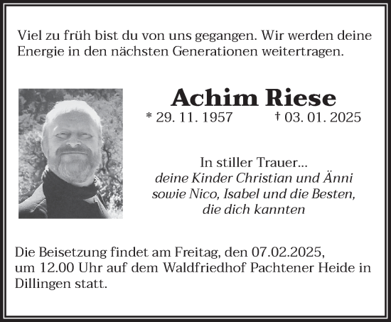 Todesanzeige von Achim Riese von saarbruecker_zeitung