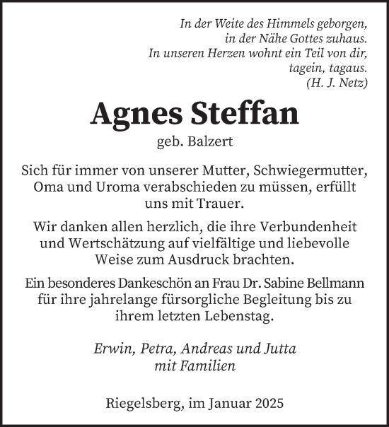 Todesanzeige von Agnes Steffan von saarbruecker_zeitung