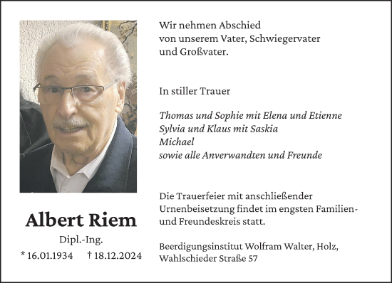 Todesanzeige von Albert Riem von saarbruecker_zeitung
