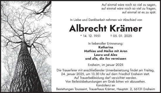 Todesanzeige von Albrecht Krämer von saarbruecker_zeitung