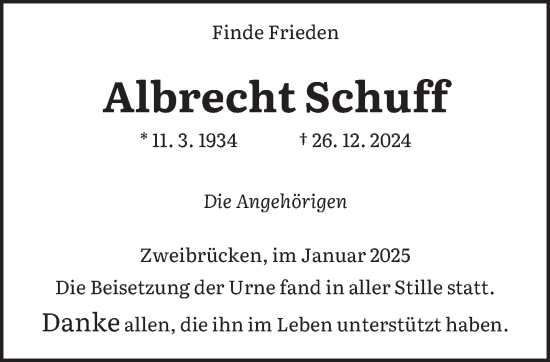 Todesanzeige von Albrecht Schuff von saarbruecker_zeitung