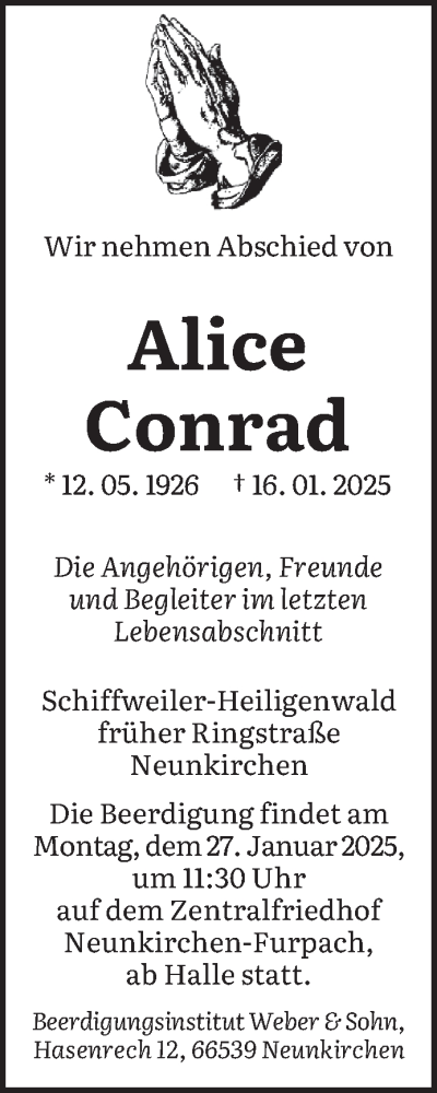 Todesanzeige von Alice Conrad von saarbruecker_zeitung