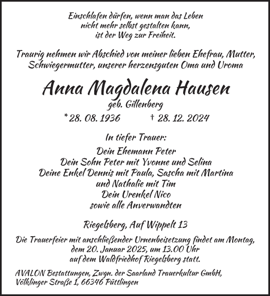 Todesanzeige von Anna Magdalena Hausen von saarbruecker_zeitung